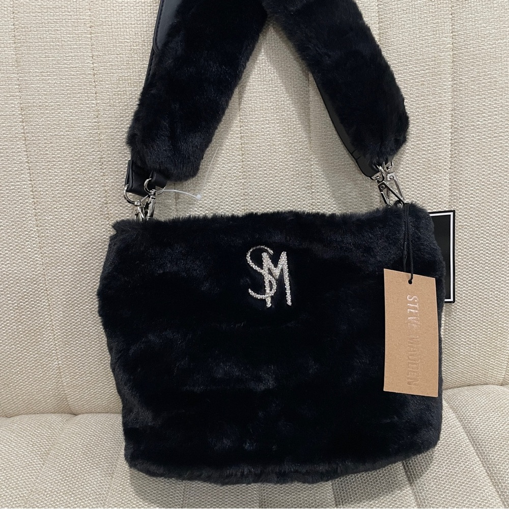 NEW Steve Madden Black Faux Fur Shoulder Bag Rhinestone SM Logo NWT